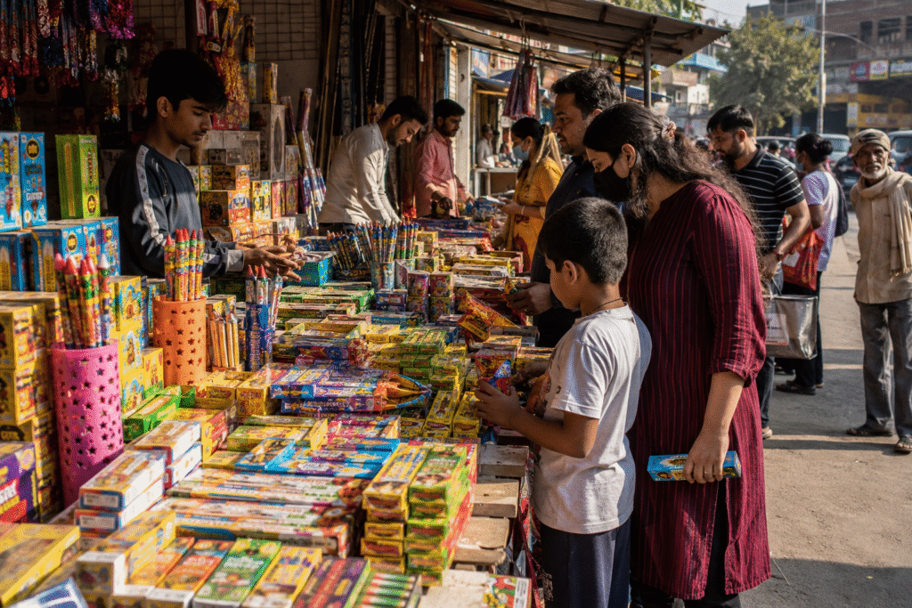 Family shopping for fireworks at a retail cracker stall in Uttarakhand