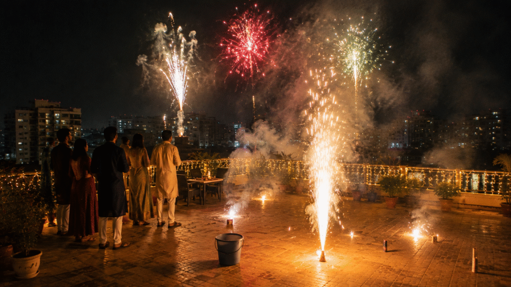 DIY fireworks display on Indian terrace with friends watching aerial and ground fireworks at night