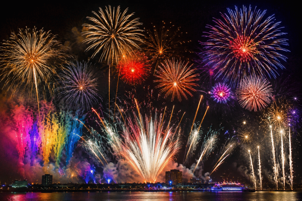 best fireworks for photography in Dehradun with colorful aerial bursts, smoke effects and city skyline at night