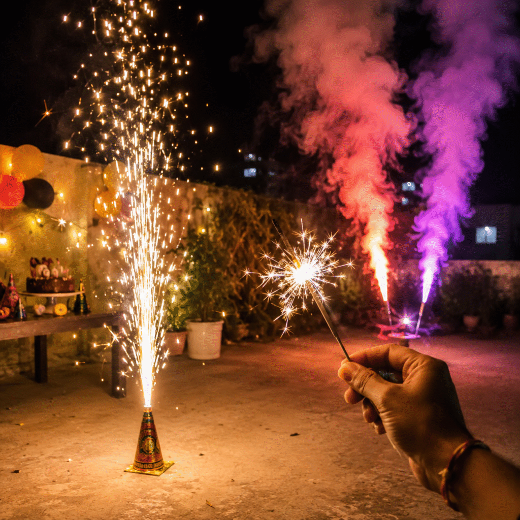 safe fireworks for private birthday parties with anaar fountain sparkler phuljhadi and colour smoke in backyard setup