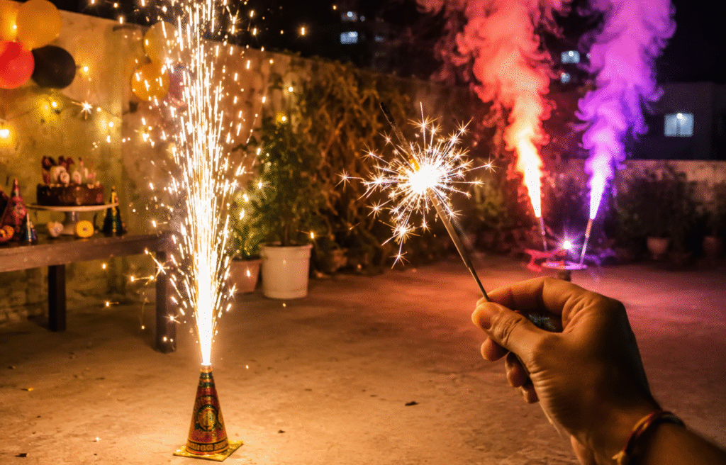 safe fireworks for private birthday parties with anaar fountain sparkler phuljhadi and colour smoke in backyard setup