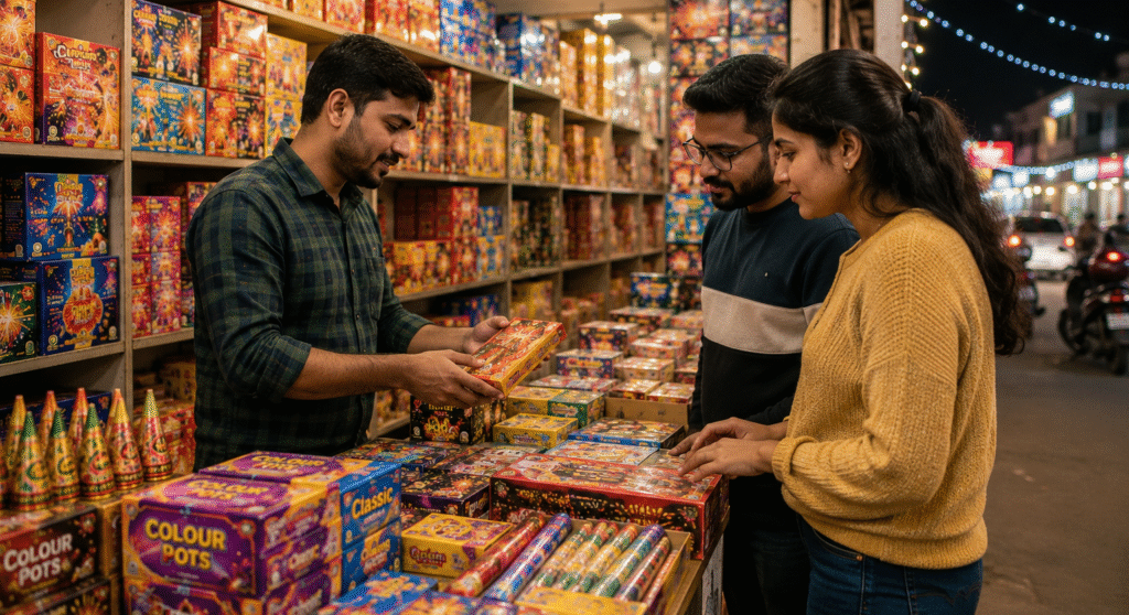 People buying from a well-organized fireworks supplier in Uttarakhand showcasing bulk crackers and festive retail setup