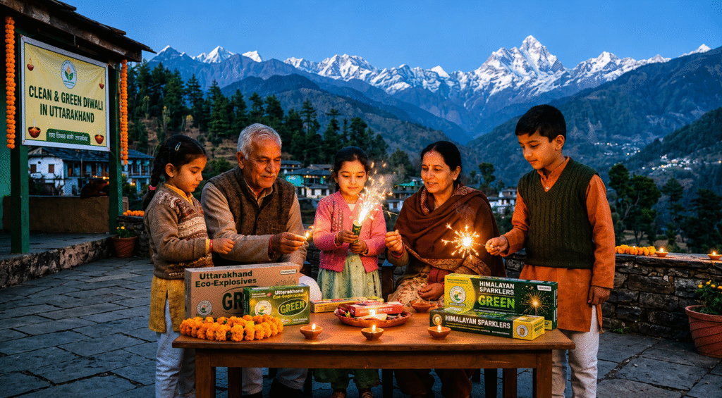 Family celebrating Diwali with eco-friendly firecrackers in Uttarakhand