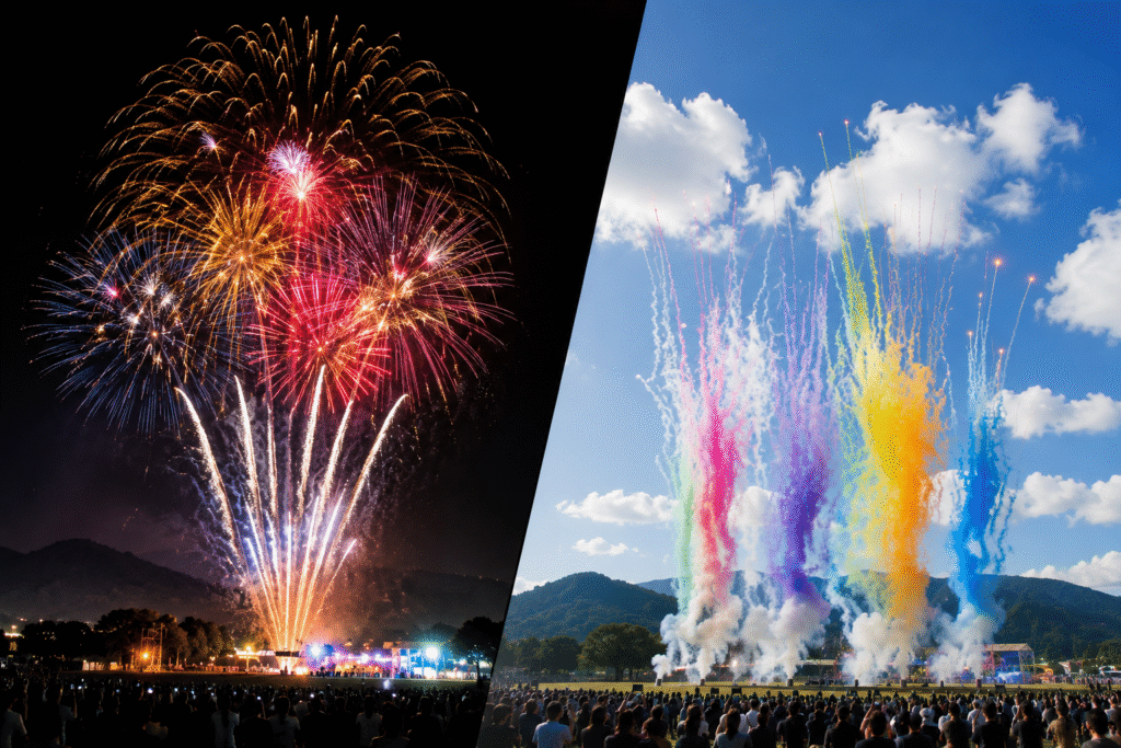 Daytime fireworks vs night fireworks display at an outdoor event showing colorful smoke effects in daylight and bright aerial bursts at night