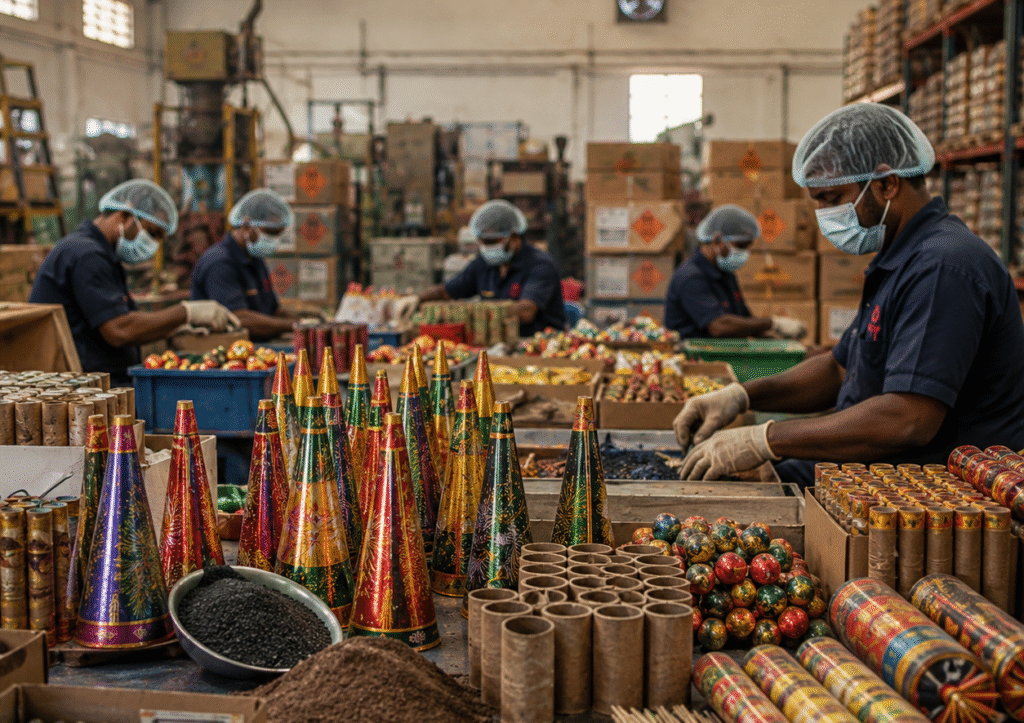 Fireworks manufacturing in India showing factory workers assembling firecrackers, relevant to starting a firework manufacturing business