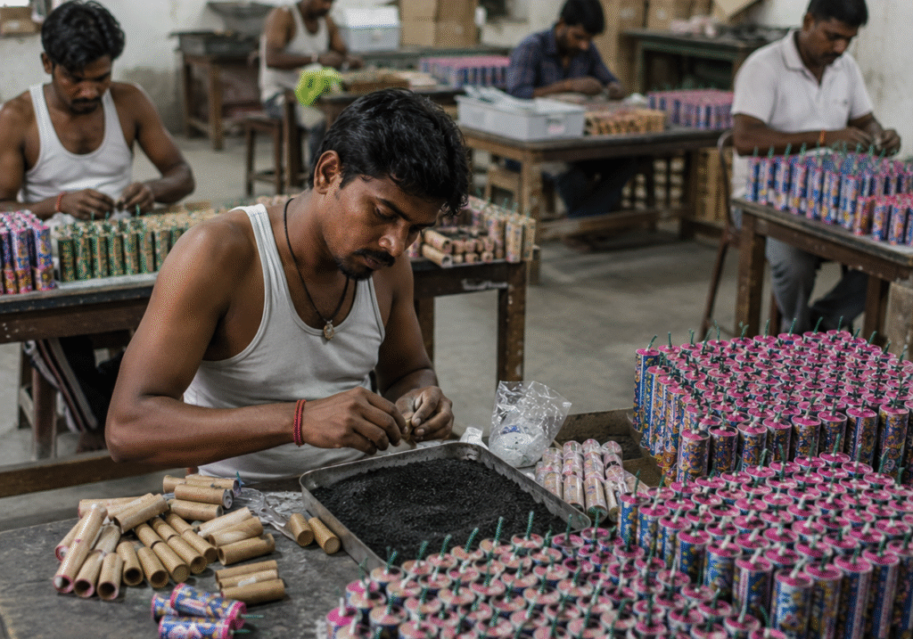 showing worker filling firecracker powder during production process