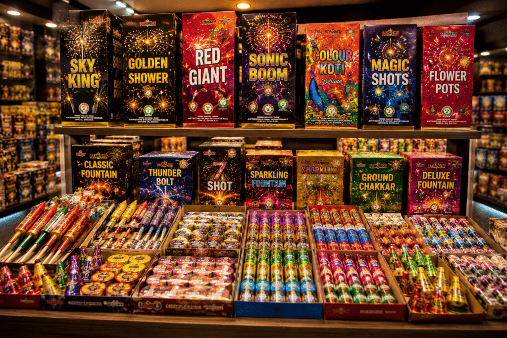 Best fireworks in Uttarakhand showcased in a vibrant shop display with colorful boxes and organized shelves