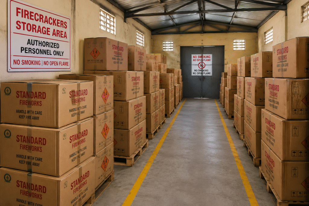 Firecracker storage safety setup with stacked boxes, warning signs, and secure warehouse arrangement
