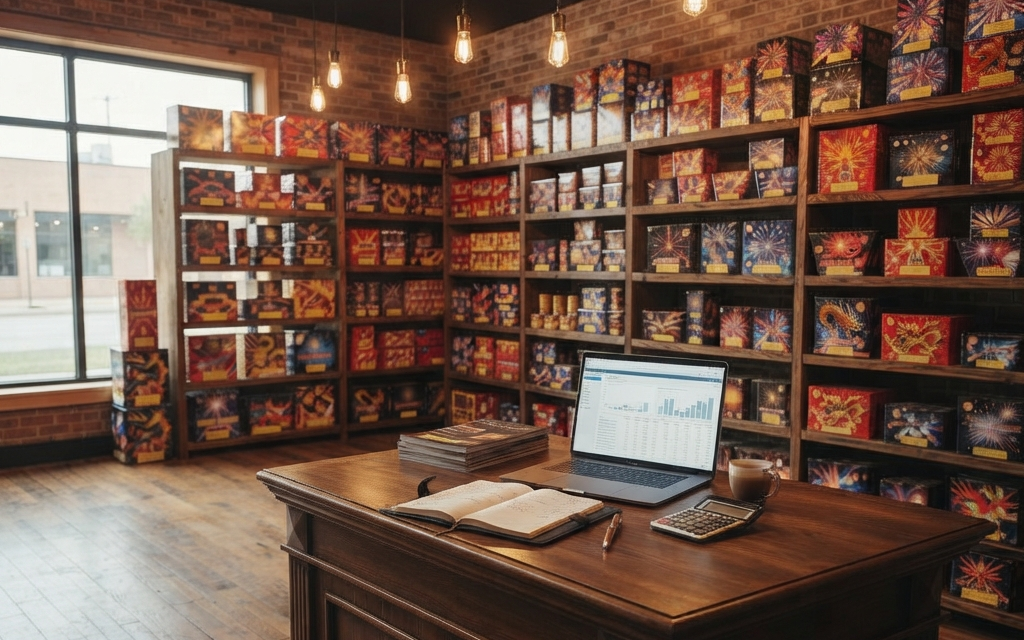 fireworks business in Dehradun retail shop setup with organized firecracker inventory