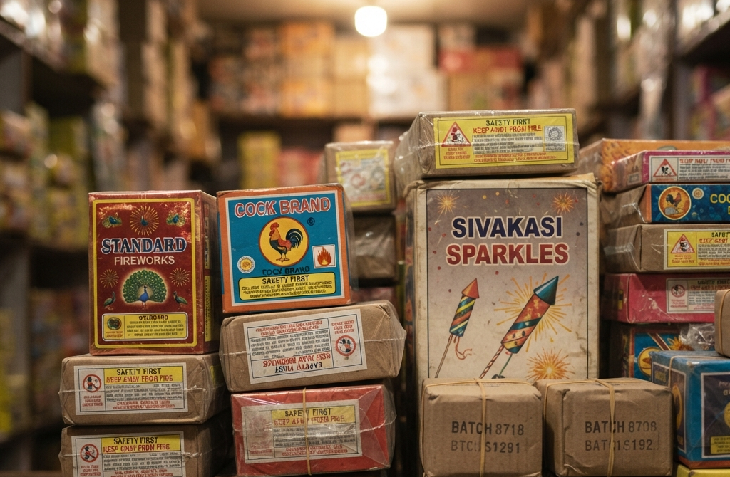 Certified firecrackers in Dehradun displayed with realistic packaging and safety labels in a local shop