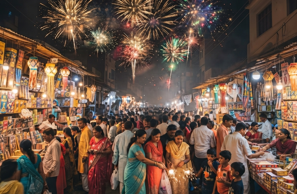 A vibrant North Indian street market glowing with festive lanterns, where locals gather to buy fireworks in North India beneath a sky filled with brilliant explosions.