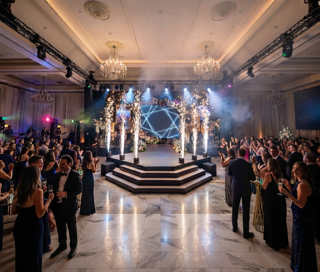 Corporate fireworks display for corporate shows featuring an indoor stage with cold pyro effects, professional lighting, and a formal audience at a live event.