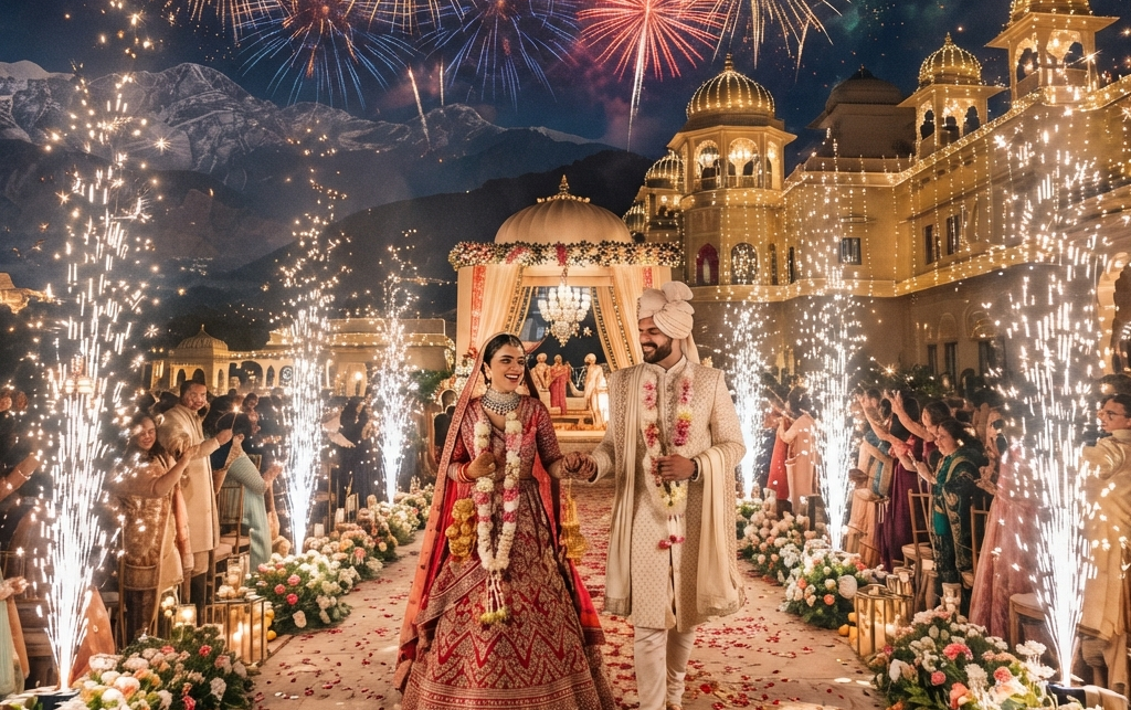 wedding fireworks in Uttarakhand at a luxury mountain wedding with bride and groom under mandap and colorful fireworks in the night sky