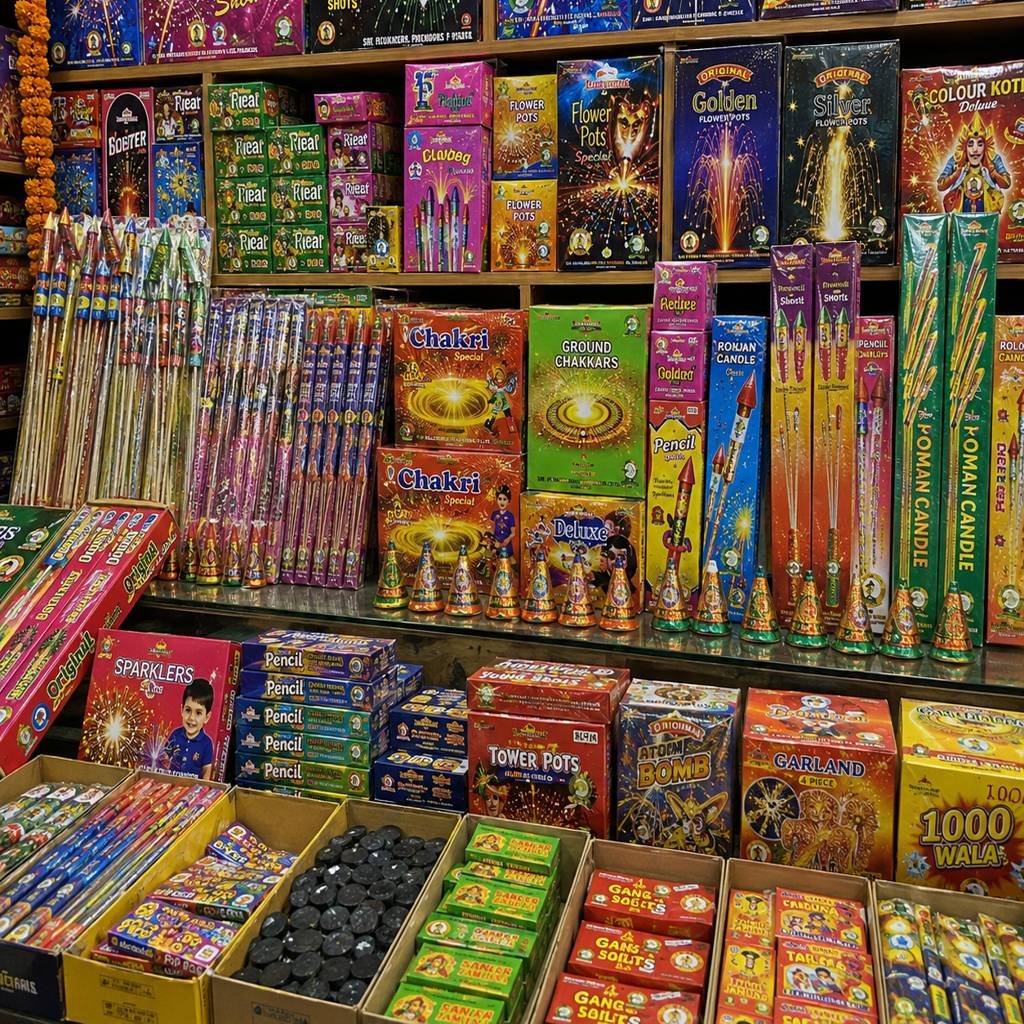 Fireworks for Diwali in Uttarakhand shop with anar, phuljhari, chakri, rockets and skyshots