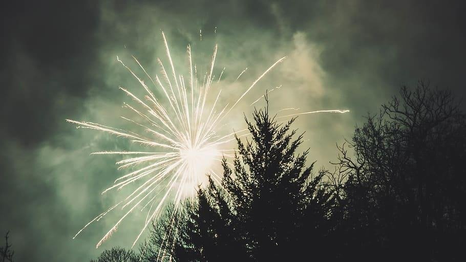 Vibrant gold fireworks bursting in a large plume, demonstrating a typical high-altitude celebration effect. 