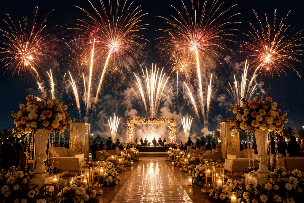 Fireworks for events in India at a luxury wedding celebration with grand fireworks display, decorated stage, and illuminated event setup