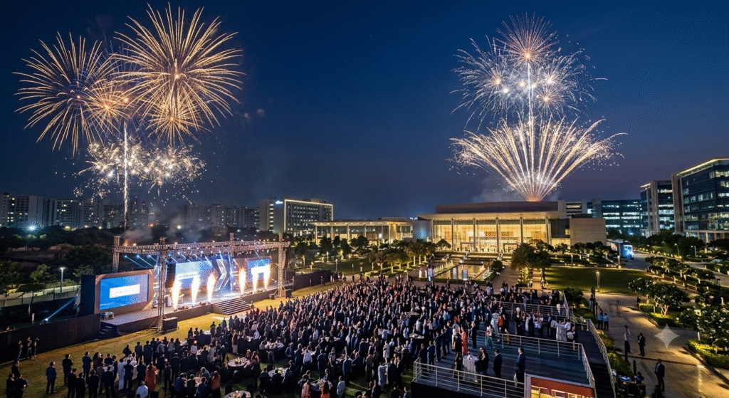 Professional fireworks company for corporate events conducting a spectacular, synchronized night display over a large outdoor gala in India