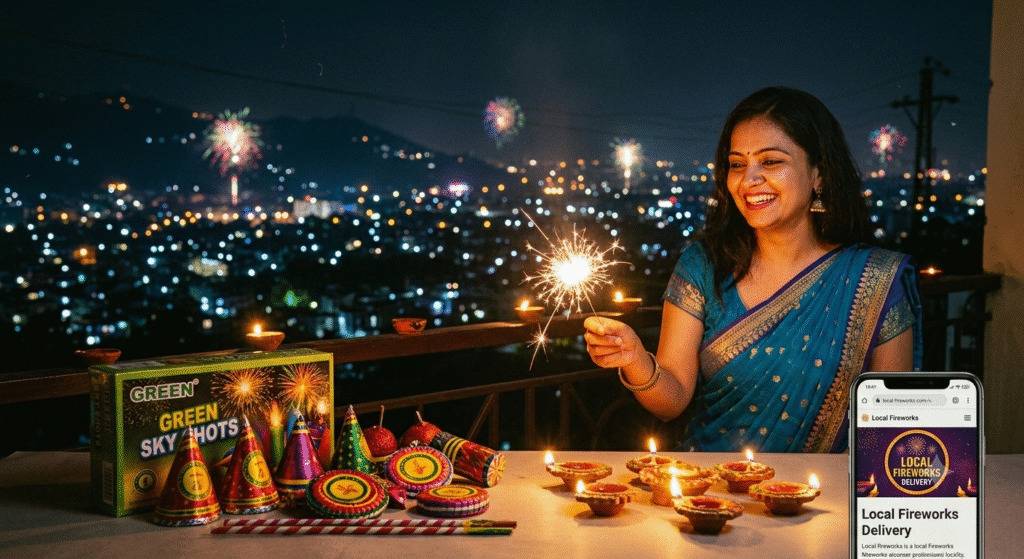 A woman celebrating Diwali in Dehradun with green crackers, illustrating the convenience of fireworks delivery in Dehradun