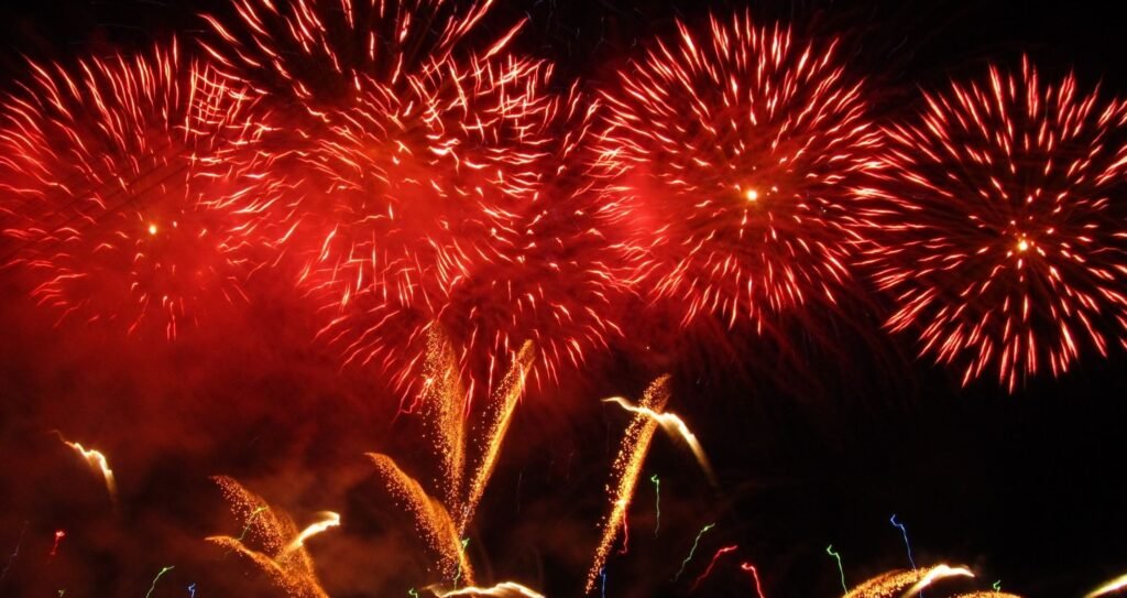 multi shot fireworks lighting up the sky during a large celebration