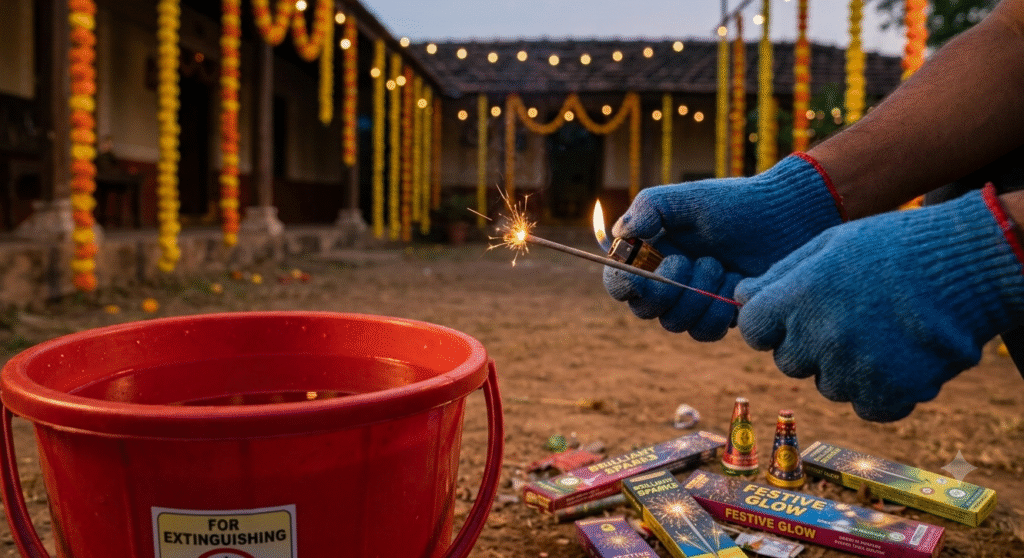 A person wearing protective gloves safely lighting fireworks with a bucket of water nearby demonstrating firecracker safety during celebrations in Uttarakhand