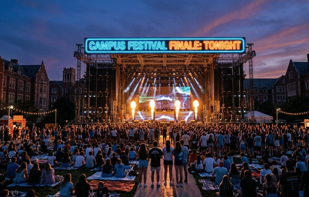 College festival fireworks in India with crowd and stage lighting