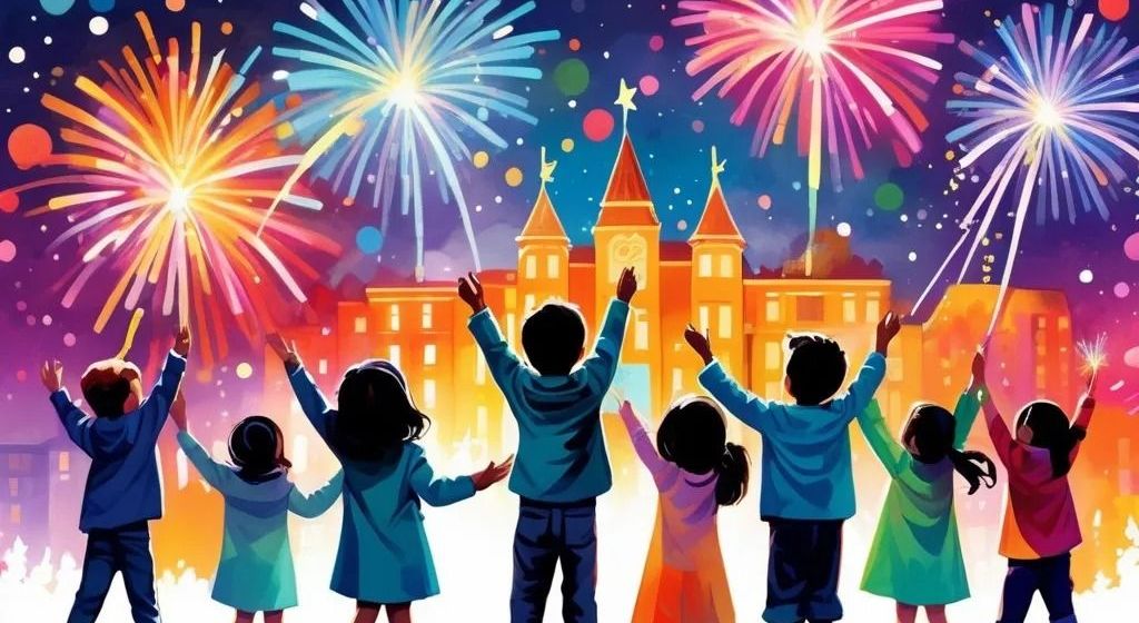 Children enjoying aerial fireworks