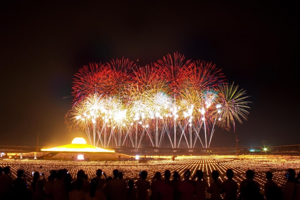 A stunning professional fireworks display at night, showcasing the best fireworks for luxury mountain resorts 