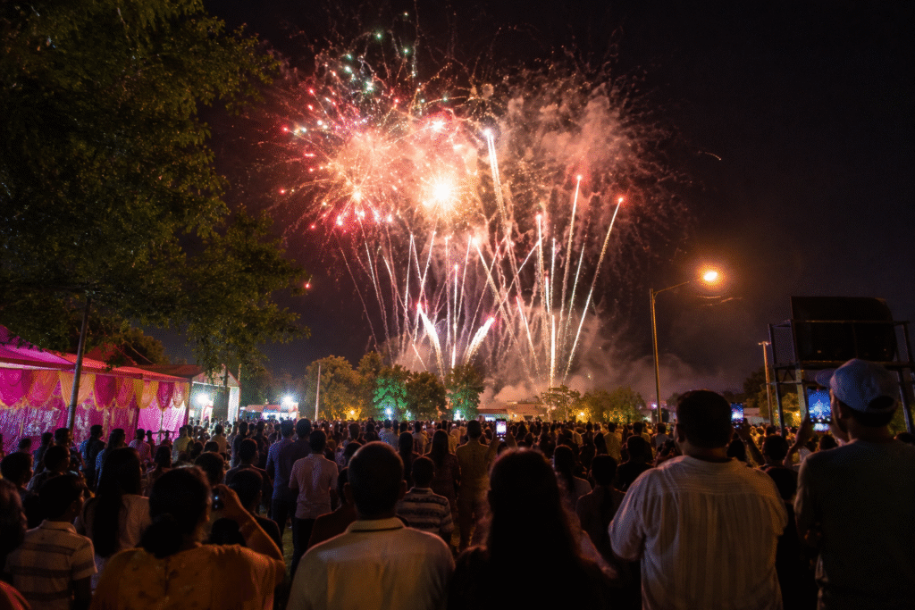 Community event fireworks display in Uttarakhand with crowd watching colorful night sky show