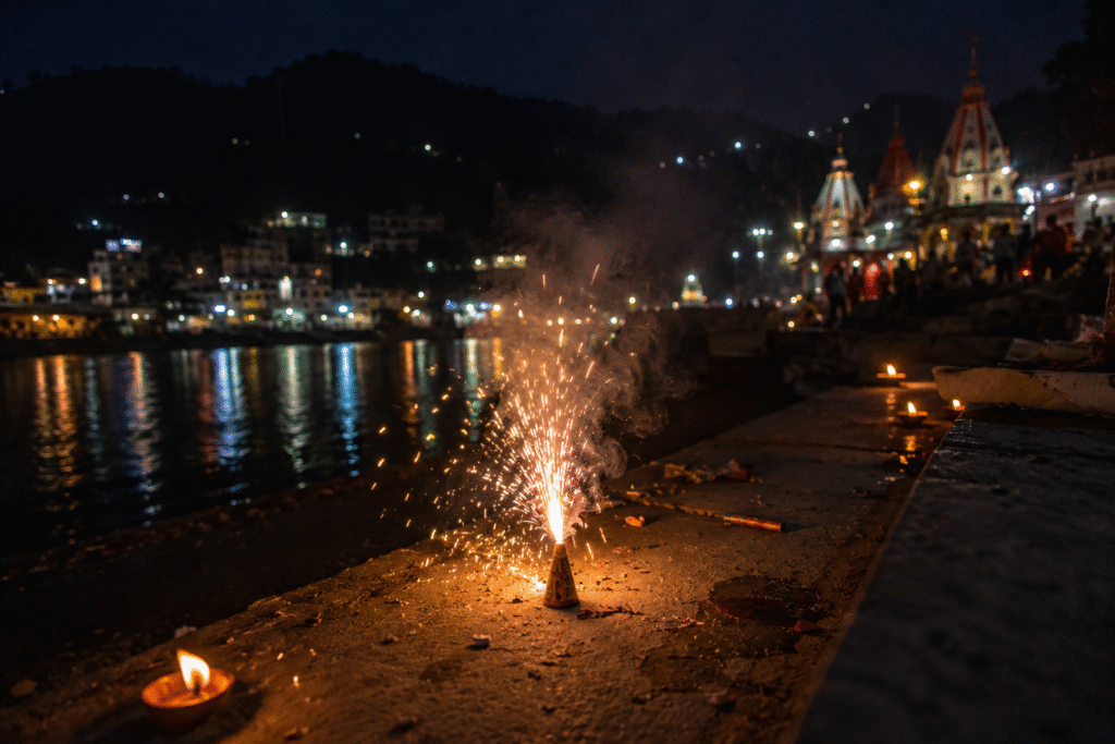 Firecrackers for religious festivals in Uttarakhand lit on a riverside ghat near temple lights